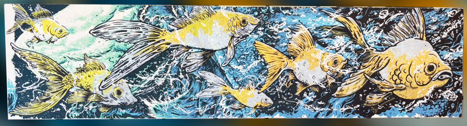 Auction Week 8 MMMM these fishes is delishish Mixed Media Monoprint on Panel