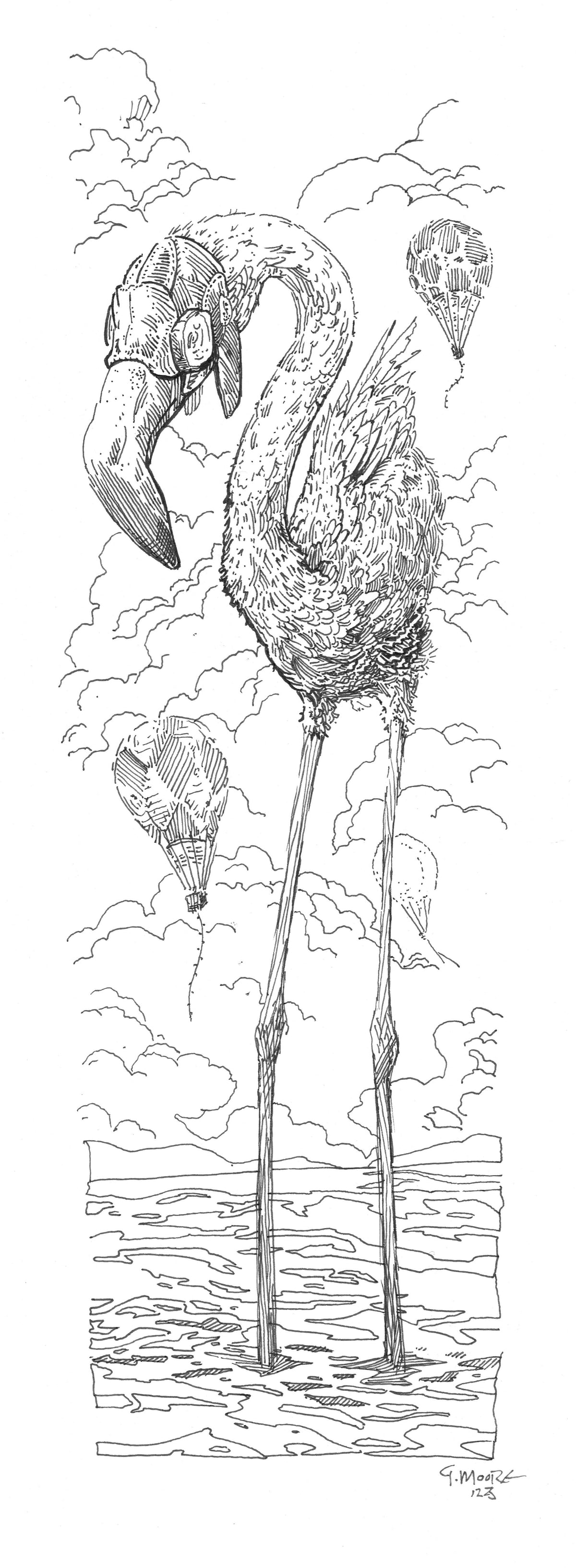 Flamingo with Balloons- Framed Original